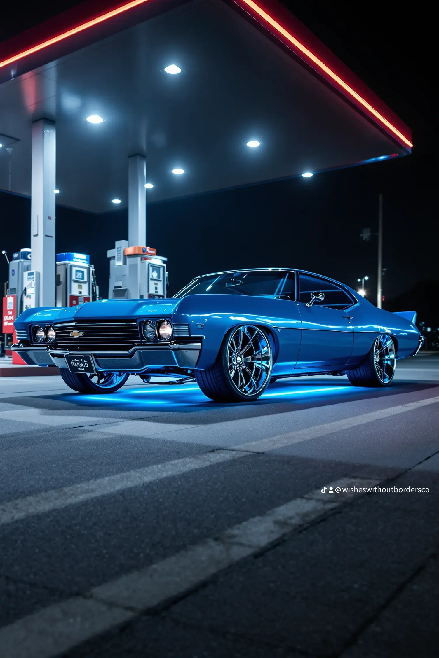 A blue classic car at a gas station at night