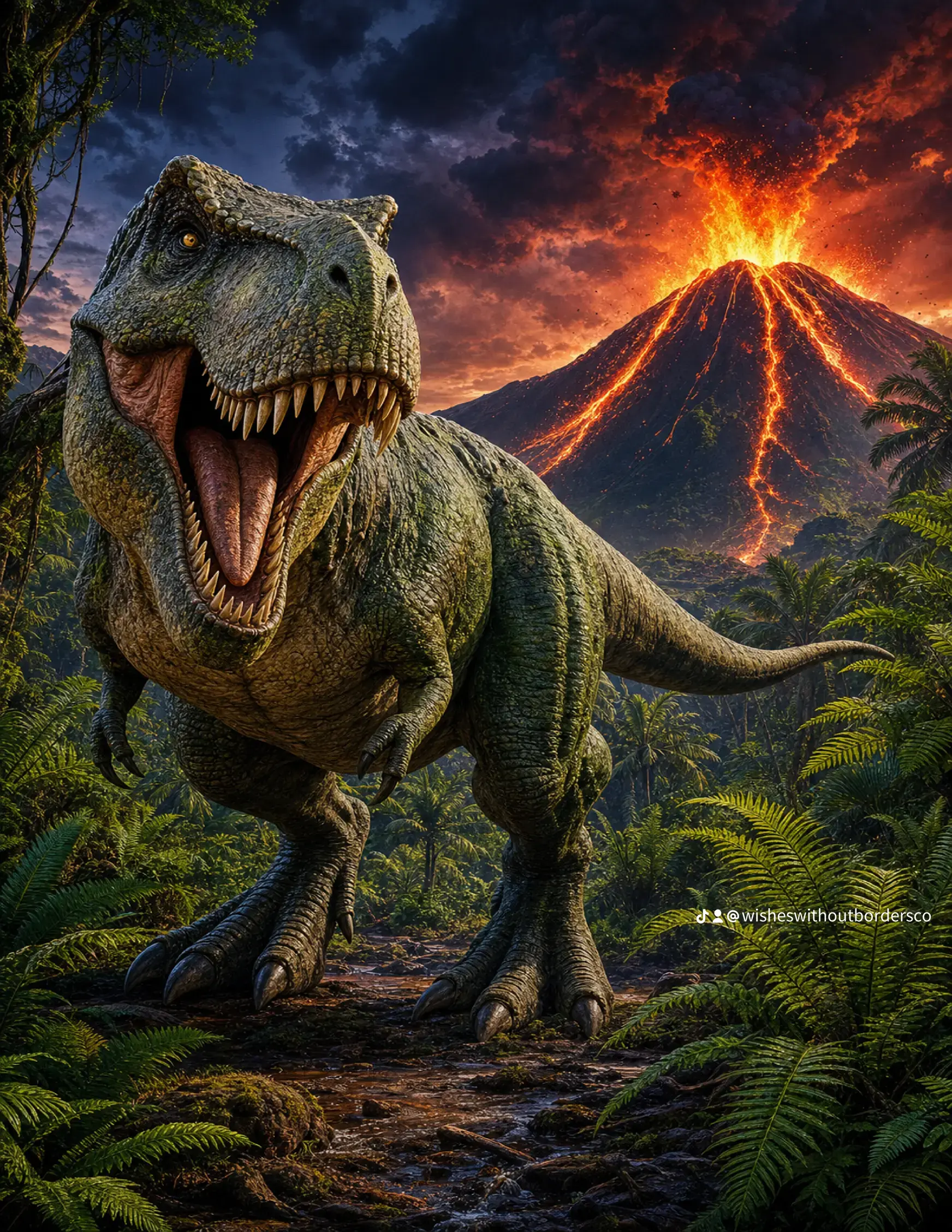 A dinosaur in a volcanic jungle at dusk